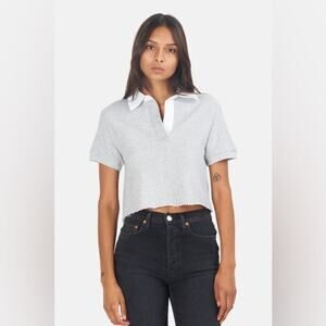 Twenty Montreal Cropped Cotton Blend Polo Top Heather Gray White Collar - Large